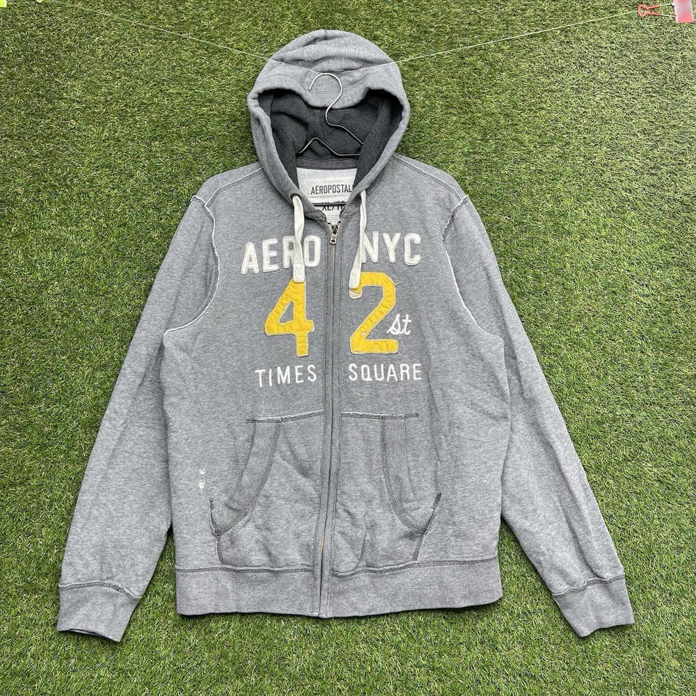 Aeropostale Hoodie Mens XL Grey Aero NYC 42nd Times Square Full Zip Up y2k 2000s